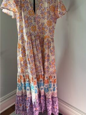 Oliphant Cream Floral Tiered Dress with Purple & Orange Accents